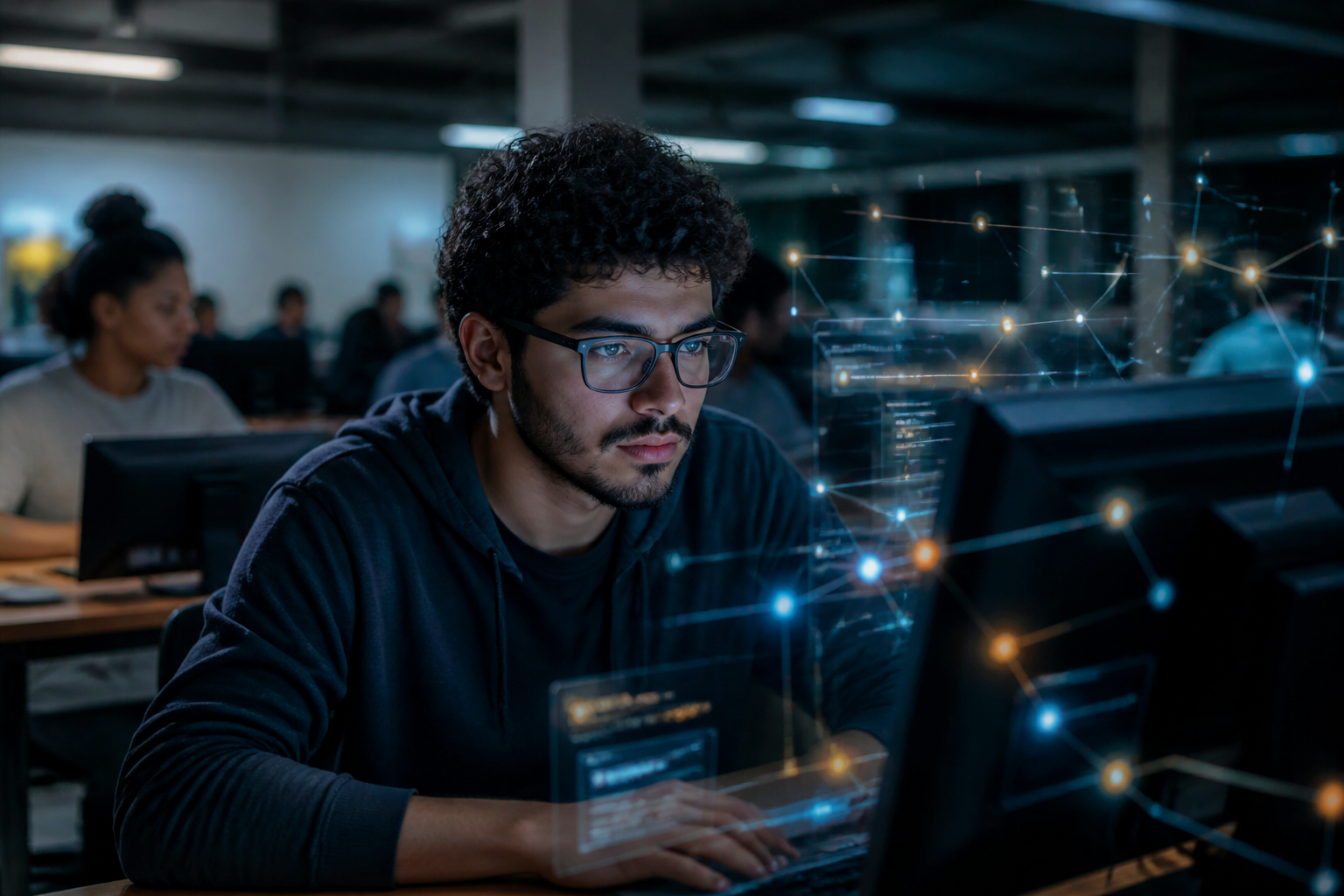 Estudante diante do computador em um laboratório de informática, com uma rede de conexões digitais em destaque